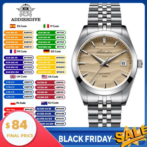 ADDIESDIVE 남자 시계 모래 다이얼 39mm 자동 기계식 시계 100m 다이빙 스테인레스 스틸 시계 사파이어 유리 손목 시계