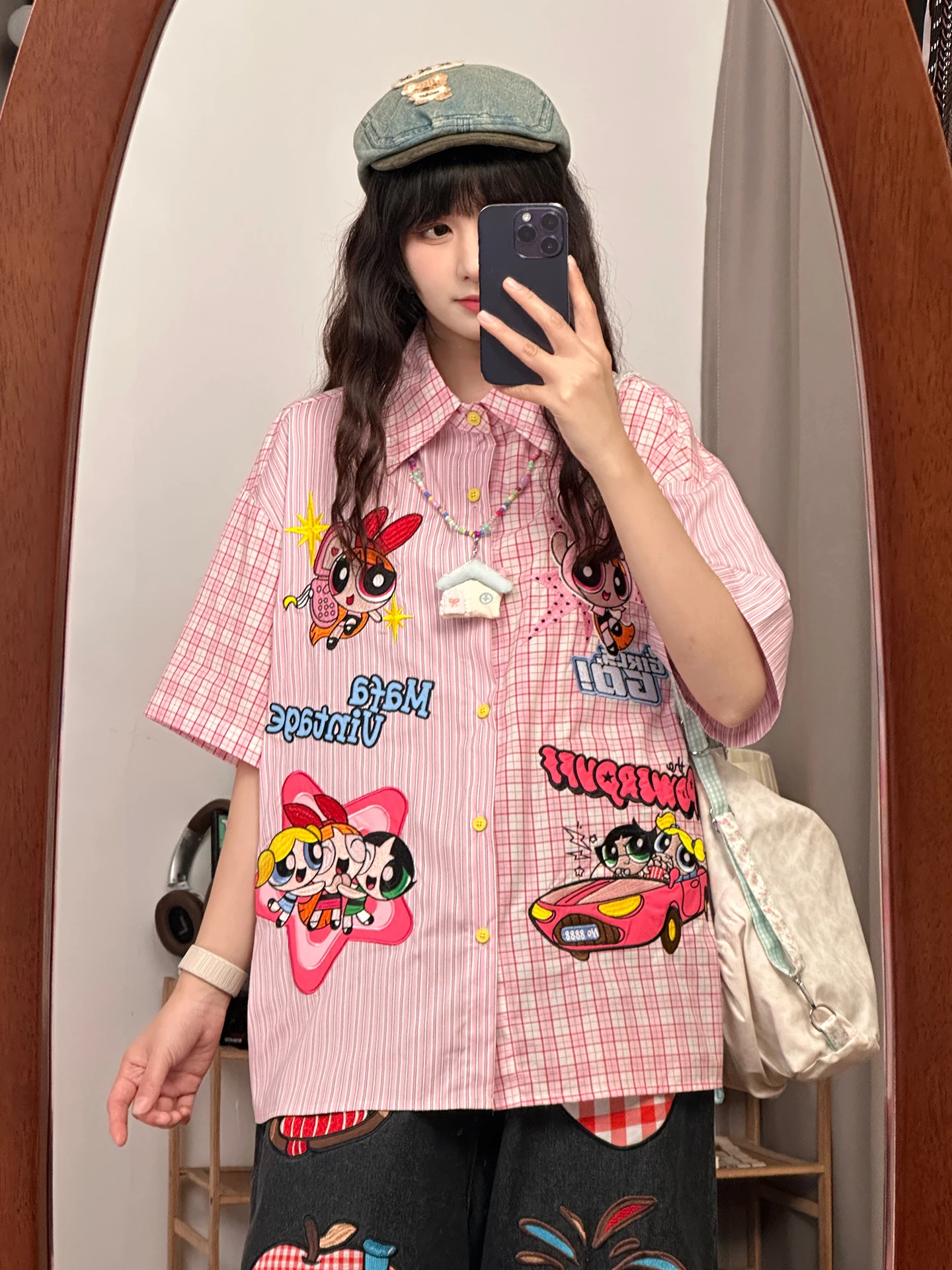 

Loose Casual Plaid Short Sleeve Shirt Women's Summer Comfortable Breathable Flying Girl Cartoon Police Original American Style