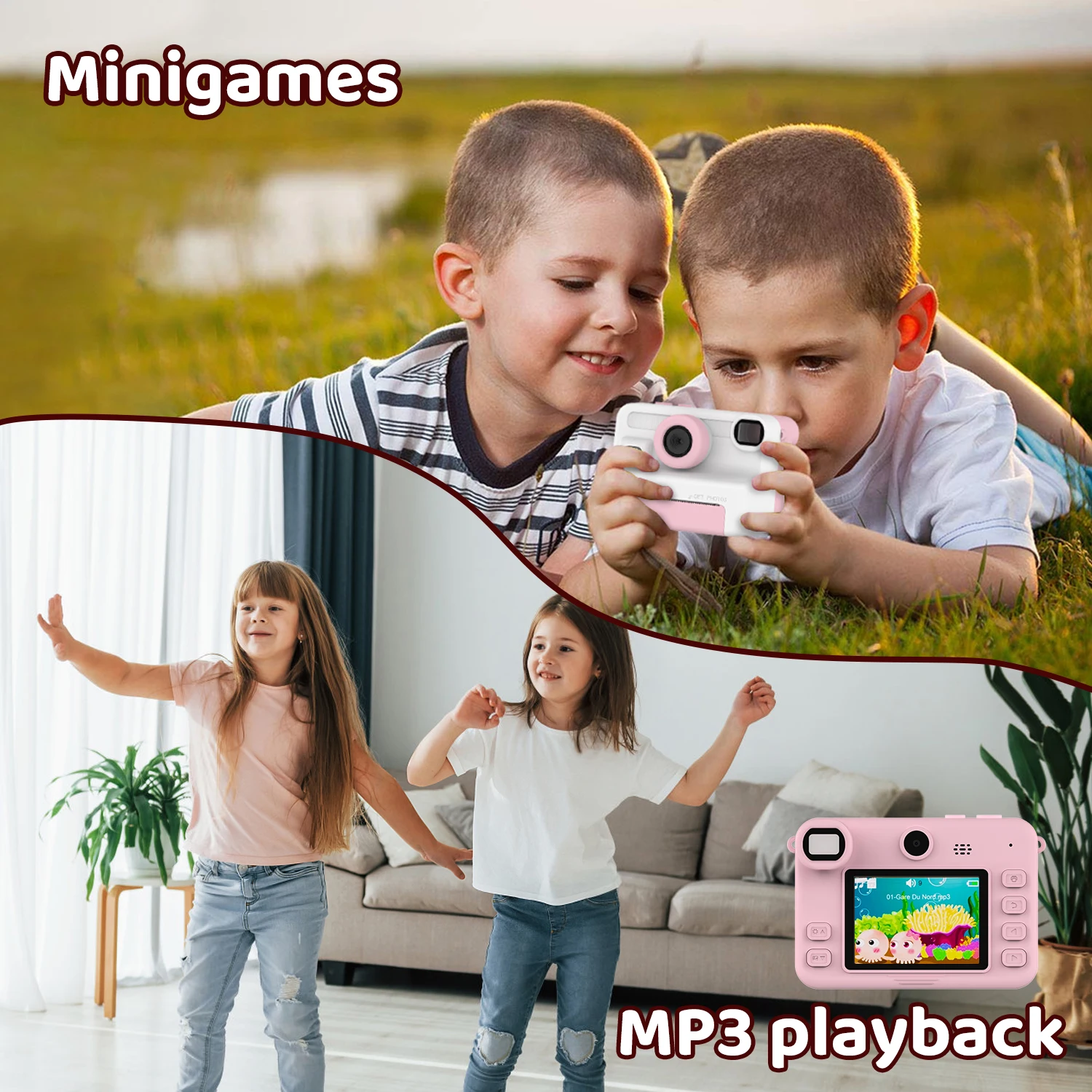 Aparat dla dzieci z natychmiastowym wydrukiem, podwójny obiektyw, cyfrowy aparat fotograficzny i wideo dla dzieci, karta pamięci 32G, zabawka aparat dla chłopców i dziewczynek, prezent urodzinowy