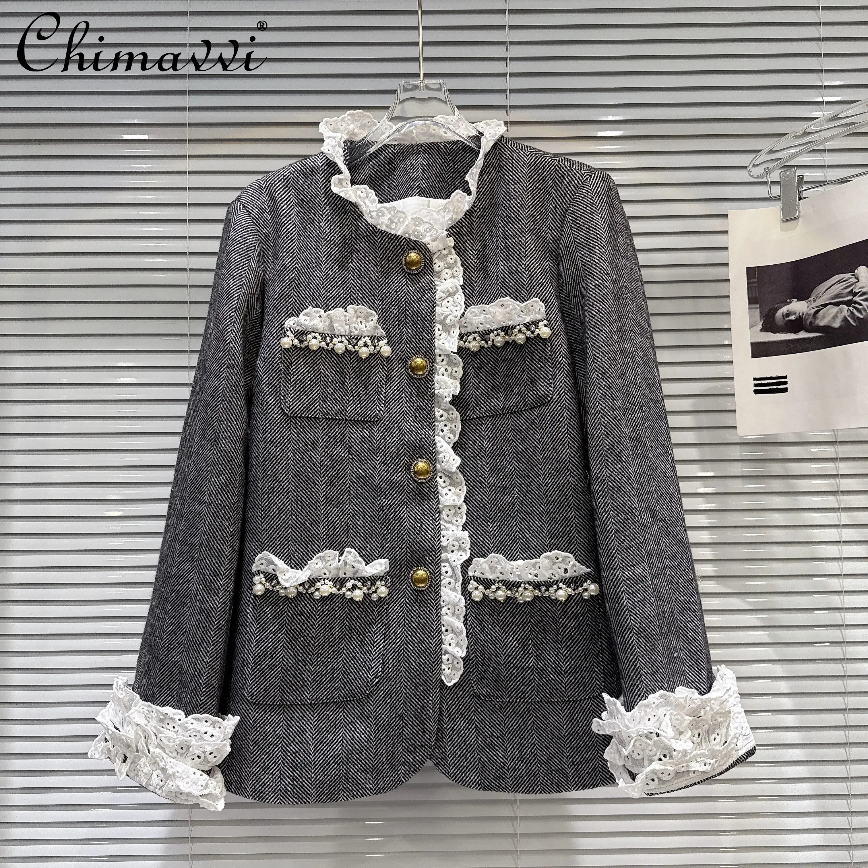 

Французские элегантные однобортные универсальные длинные куртки с оборками и бисером, с круглым вырезом и длинными рукавами, пальто для женщин, осень