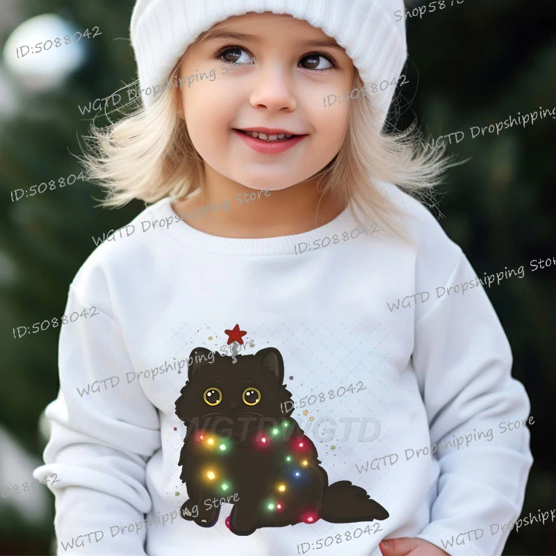 

Children Cartoon Christmas Cat Sweatshirts 3-12 Years Old Boys Girls Animal Printed Pullover Autumn Winter Fashion Xmas Clothing