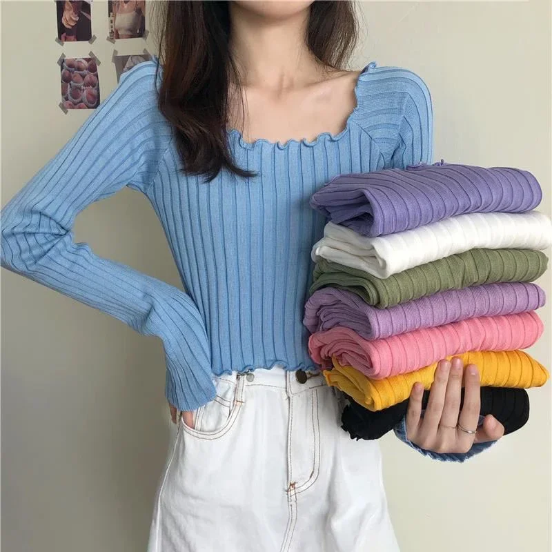 Women\'s Sweater Autumn Winter Fashion Sexy Navel Bare Cropped Tops Chic Wave Edge Casual Lady Knitted Pullover Short Sweaters