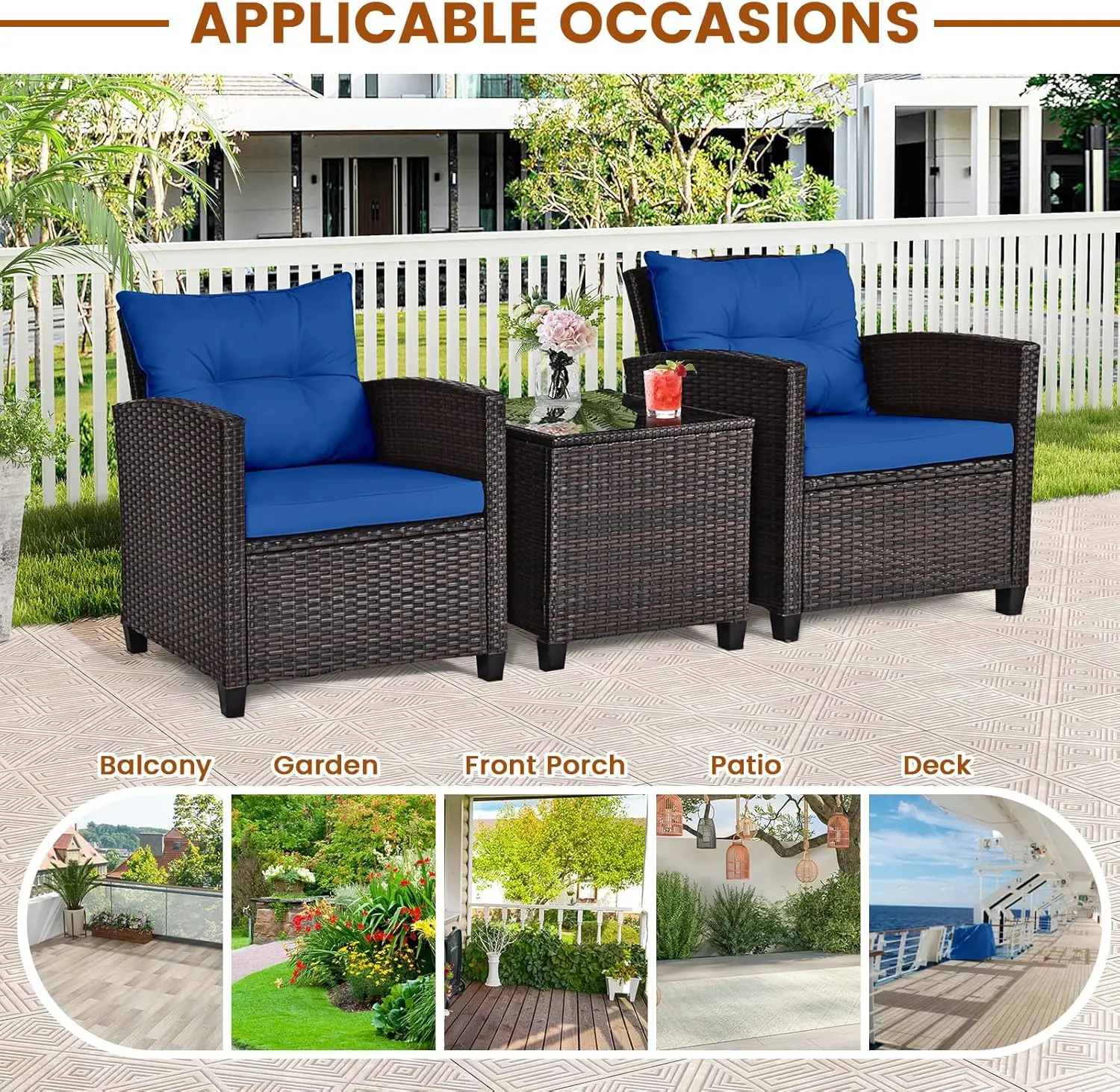 Navy blue rattan wicker 3-piece outdoor bistro set with cushioned rattan chairs and glass coffee table, weatherproof furniture for front porch, balcony, garden, deck and poolside view 5