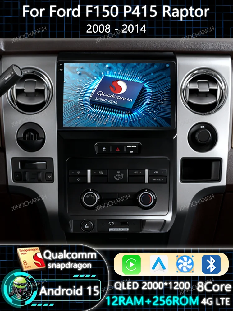 Android 15 rádio do carro carplay auto para ford f150 p415 raptor 2008 - 2014 navegação bt unidade principal 4g wifi reprodutor de vídeo multimídia