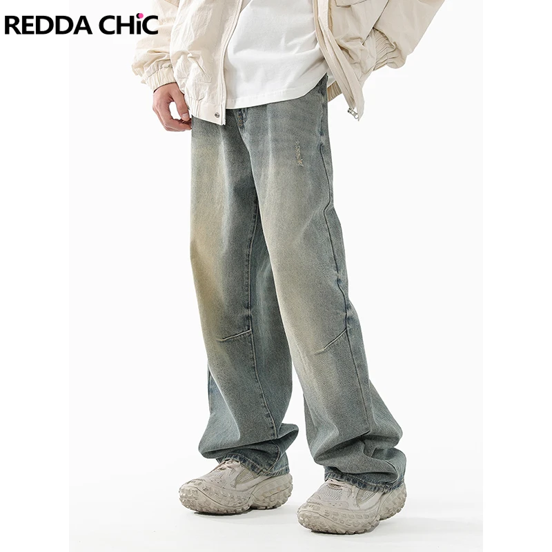 

REDDACHIC Casual Men's Pintuck Baggy Jeans Distressed 90s Retro Skater Oversized Pants Wide Leg Hip-hop Trousers Y2k streetwear