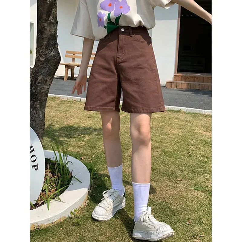 Summer Retro Brown Shorts for Women Korea High Waist Black Shorts Loose Button Solid Classic Knee-length Shorts BF Streetwear