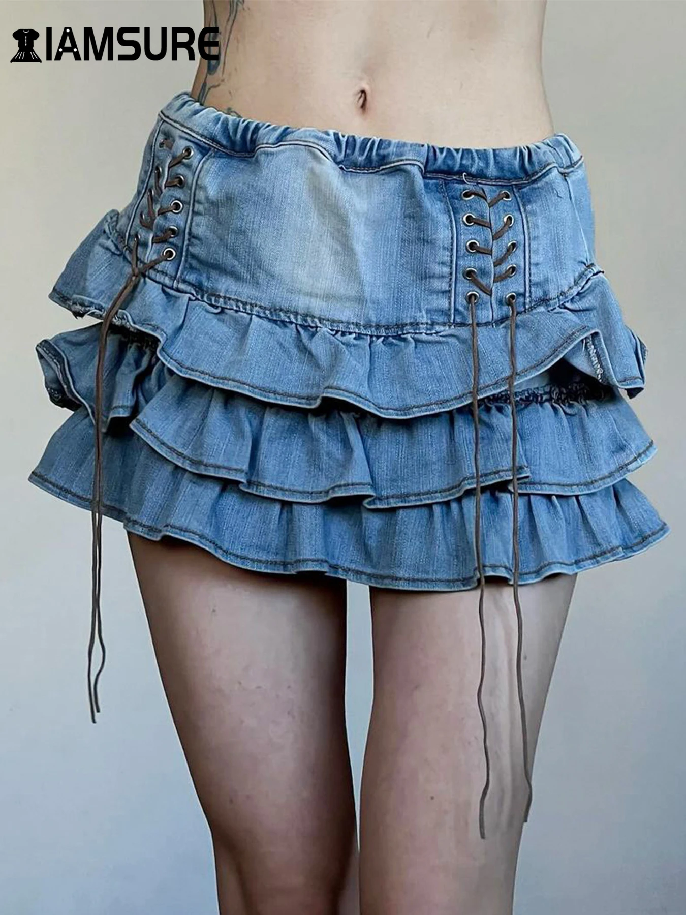 

IAMSURE Sweet Slim Bandage A-Line Denim Skirt Y2K Casual Sexy Mid-Waisted Mini Skirts Women 2024 Summer Fashion Streetwear Lady