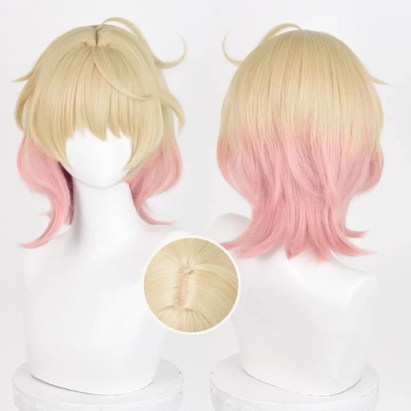 Emilie Wig Cosplay permainan Genshin dampak kuning Pink rambut Fontaine mawar dan Muskets parfum desainer rambut serat + topi Wig