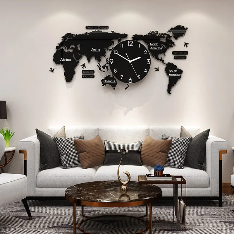 Wall Clock Antique Big Wall Clock AntiqueHome Living Room Decor Large World Map DIY Stickers Wall Clock Quartz Watch Mute Modern