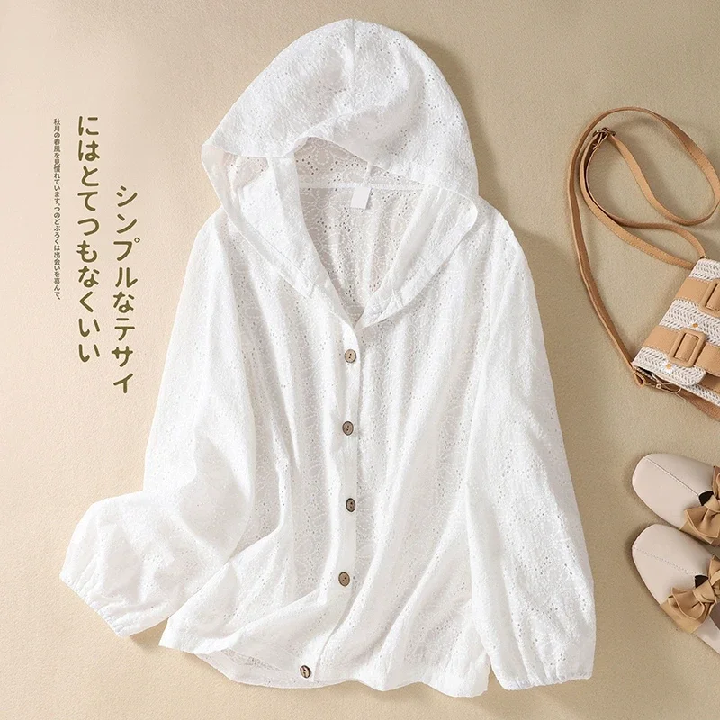 2225 Summer Fashion Women\'s Premium Cotton Hollowed Out Long Sleeve Hooded Sun-protection Shirt Female Simple Sun-proof Clothing