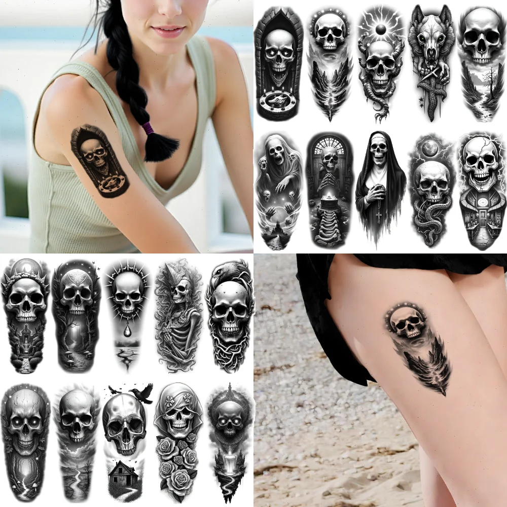 

12 шт., временные татуировки, готические татуировки, водонепроницаемые, долговечные наклейки для тела, татуировки с черепом, реалистичные временные татуировки для рук