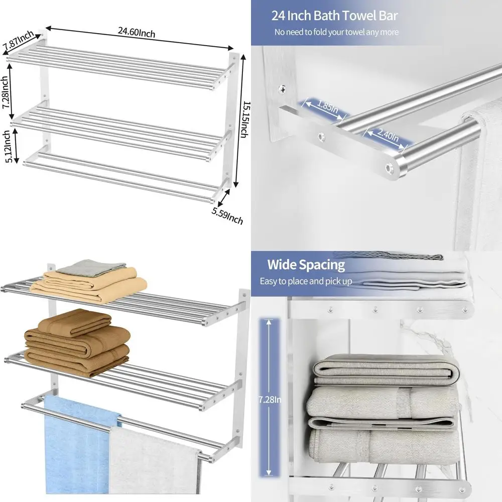 

24 3-Tier Stainless Steel Towel Shelf with Double Bar, Brushed Nickel Bathroom Towel Storage Rack