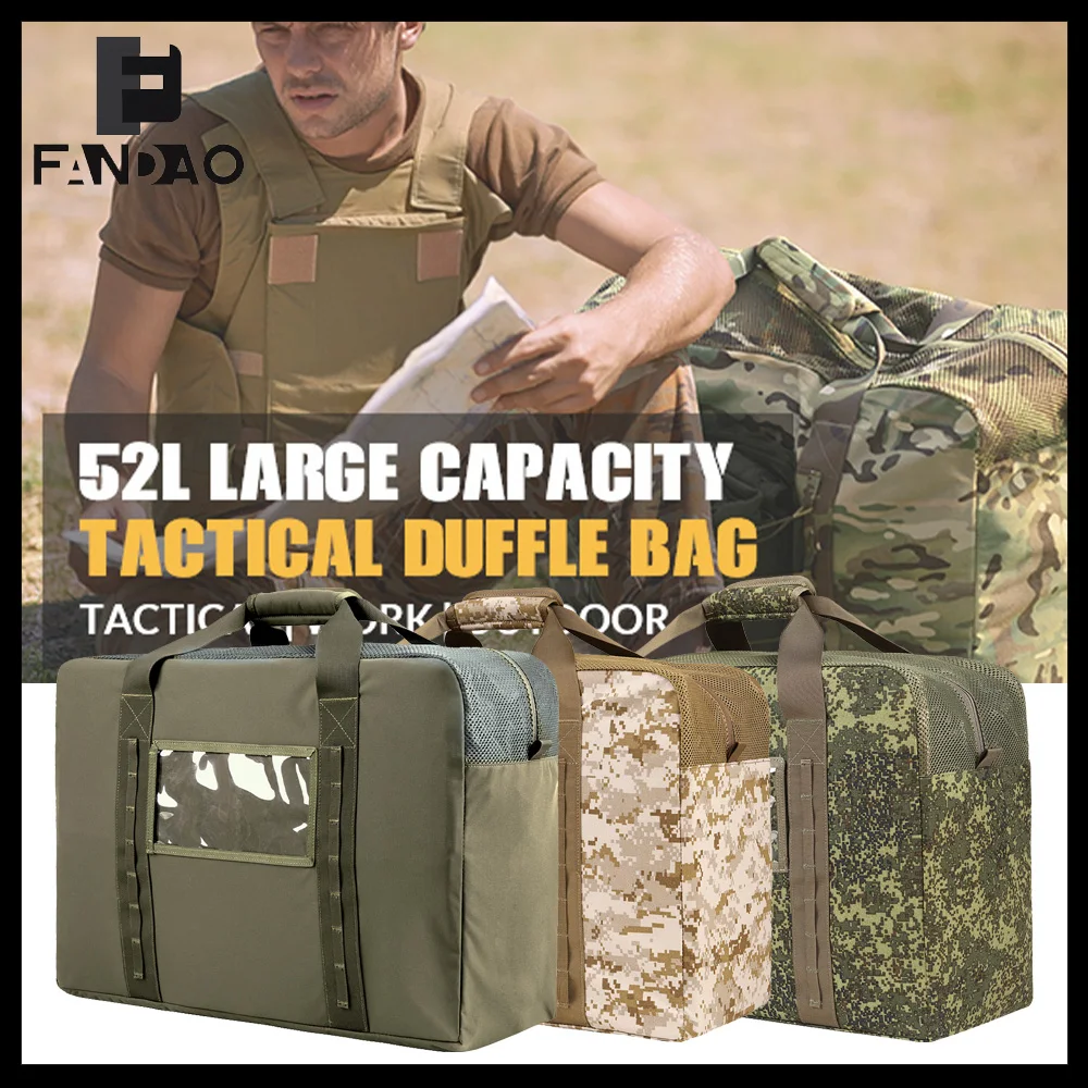 

Tactical Duffle Bag 52L Heavy Duty Extra Large Duffle Pack 500D Large Capacity Camo Carrying Pouch for Shooting Camping Hiking