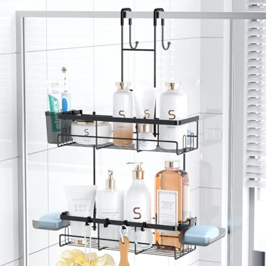 

Over the Door Shower Caddy Hanging: Black Rustproof Shower Organizer over the Door - No Drilling Bathroom Rack for Inside