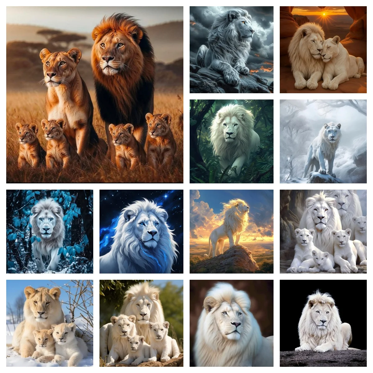 

White Lion DIY Diamond Painting Kit Lion Family Animal Mural Hand Diamond Embroidery Living Room Room Wall Decor Creative Gift