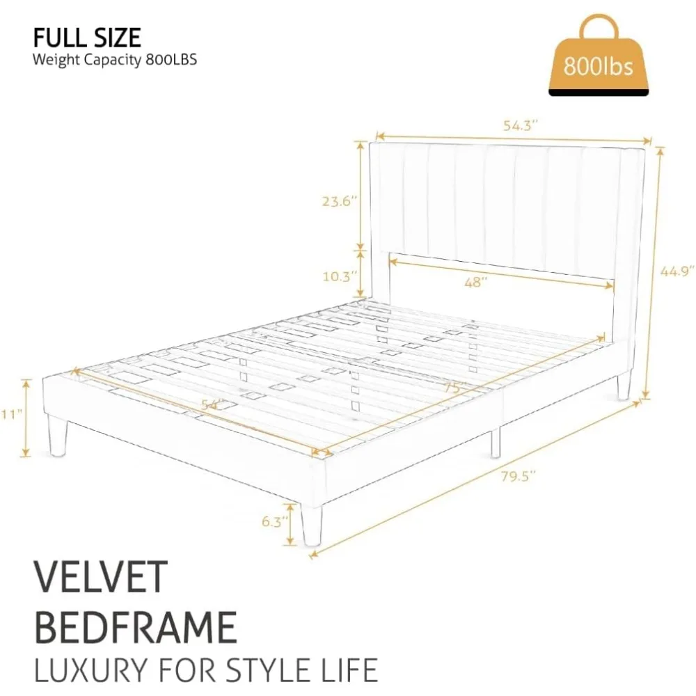 Cerlin Velvet Upholstered Platform Bed Frame - Full Size with Headboard, Wood Slat Support, Mattress Foundation, No Box Spring N