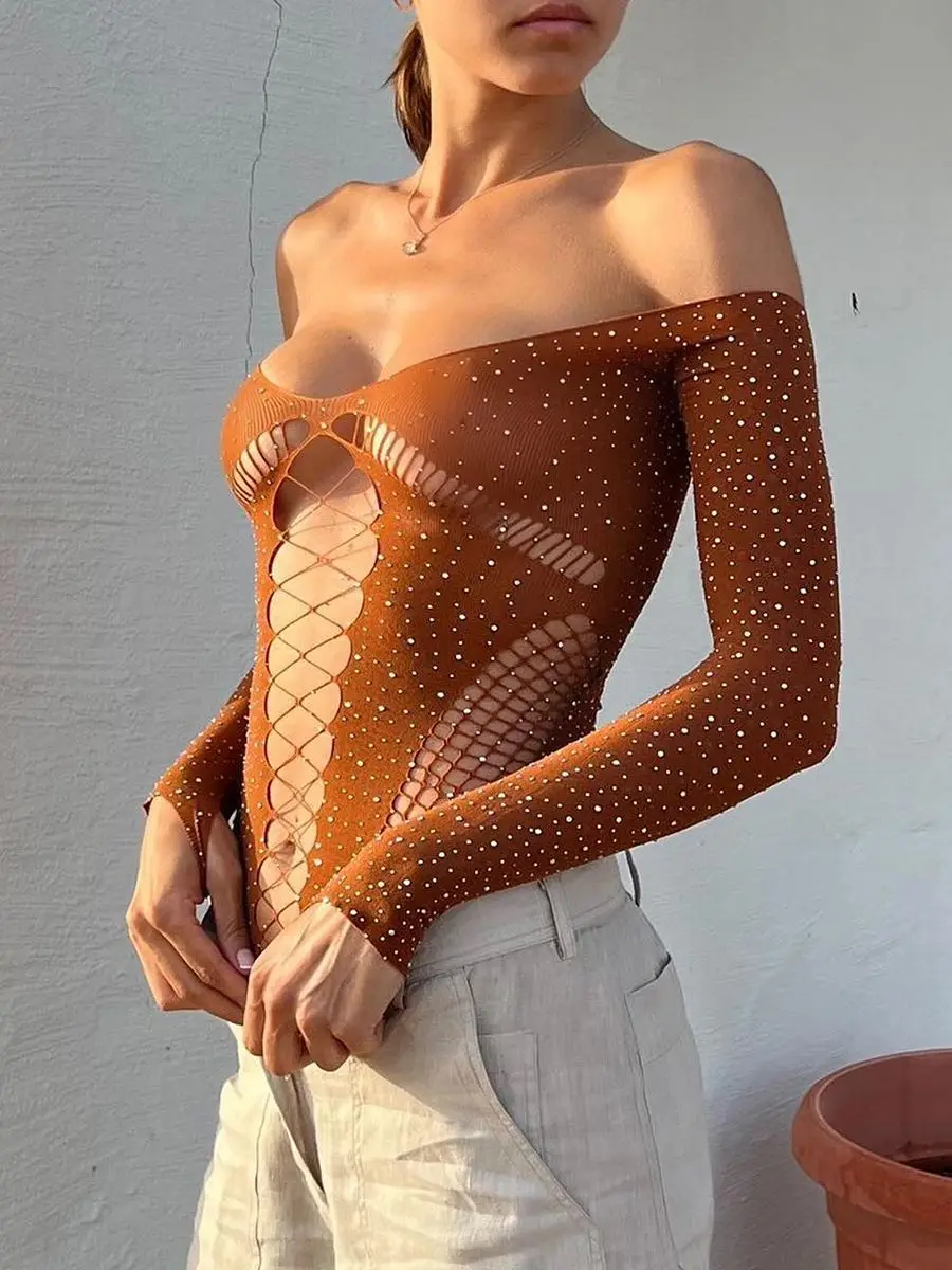 

Faionable Sparkling Long Sve Jumpsuit Low Waist ort Pants Glittering Hot Drill Women's One-Piece Suit Spring 2023