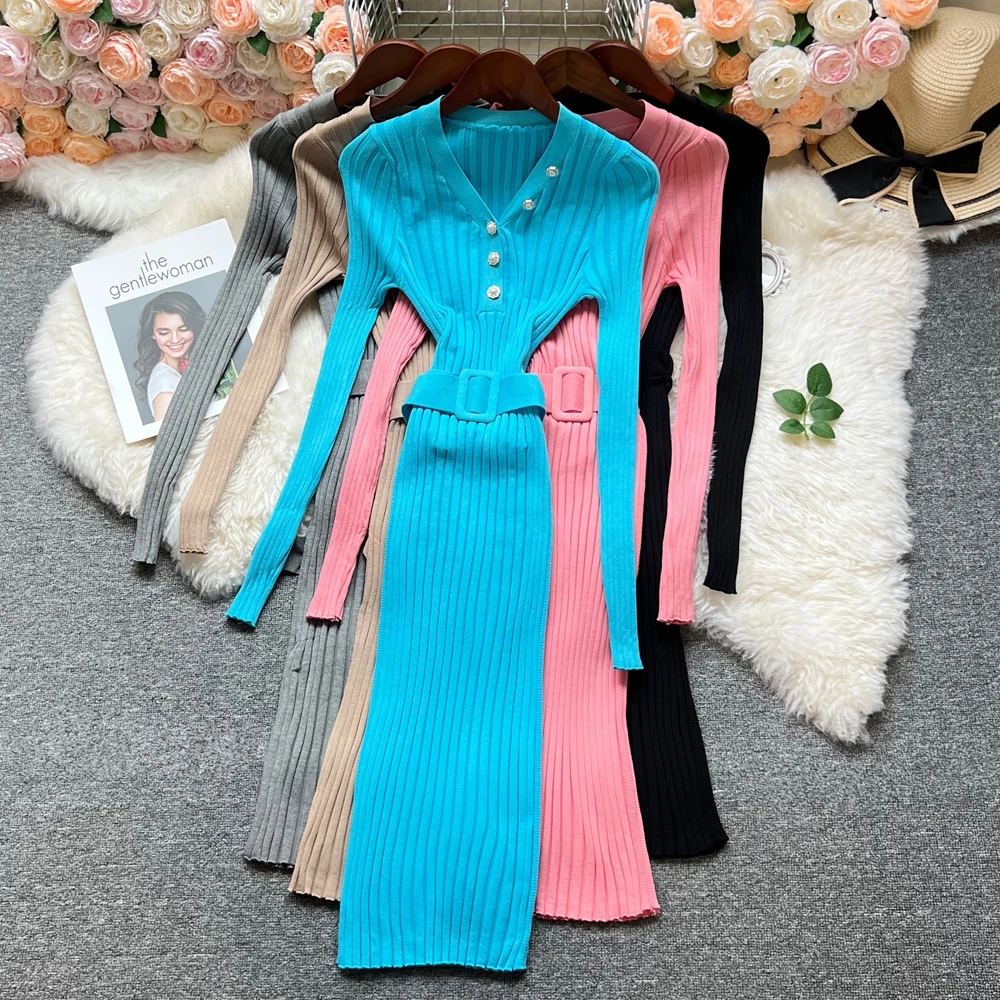YuooMuoo YuooMuoo Chic Aesthetic Women Dress 2025 Autumn Winter V-neck Buttons Knitted Long Dress with Belt Lady Party Vestidos