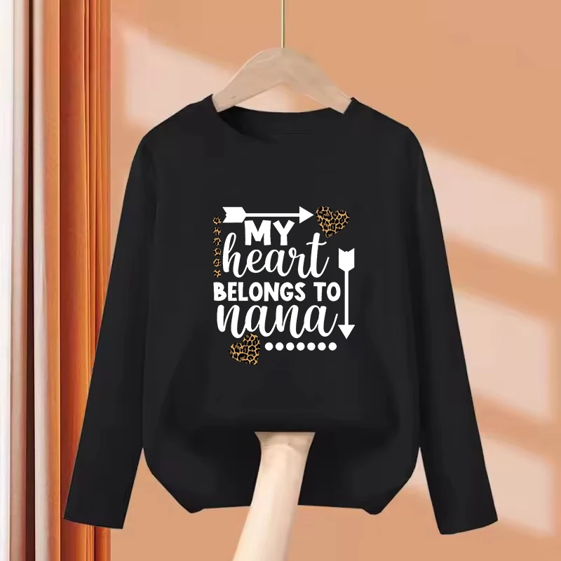 Long Sleeve Leopard Heart with My Heart Belongs To Mama T Shirts Y2k Kids Children's T-shirt Boys Girls Casual Top Tee