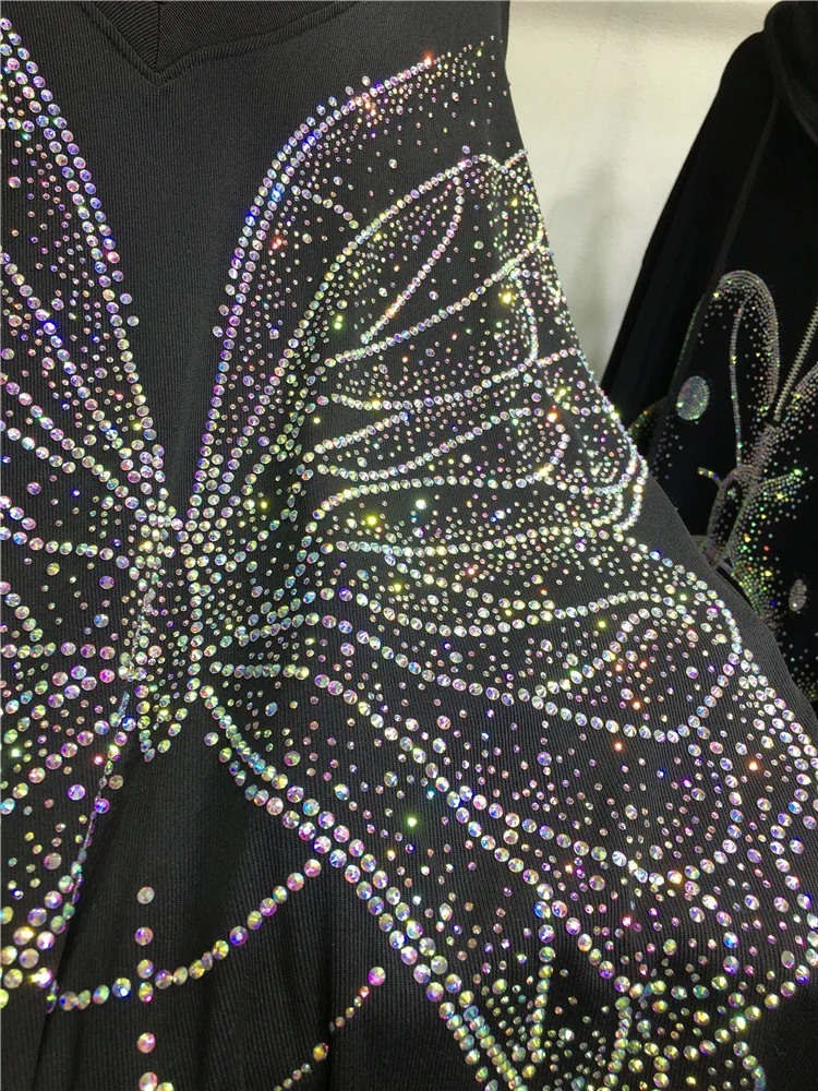Hot Rhinestone Sweatshirt Top Ladies Luxury Butterfly V-neck Long Sleeve T-shirt Black Loose Slimming Autumn Women's Clothing