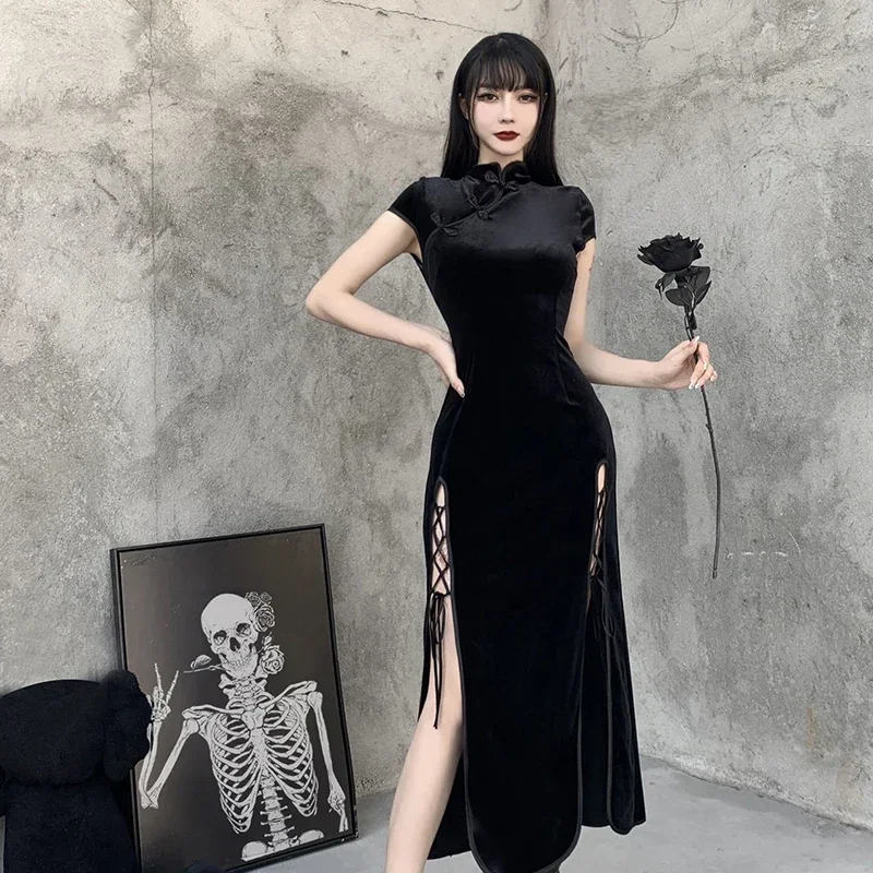 2024 Vintage Black Bandage Chinese Style Cheongsam High Split Velvet Dress Spring Retro Long Qipao Gothic Women Aesthetic Dress