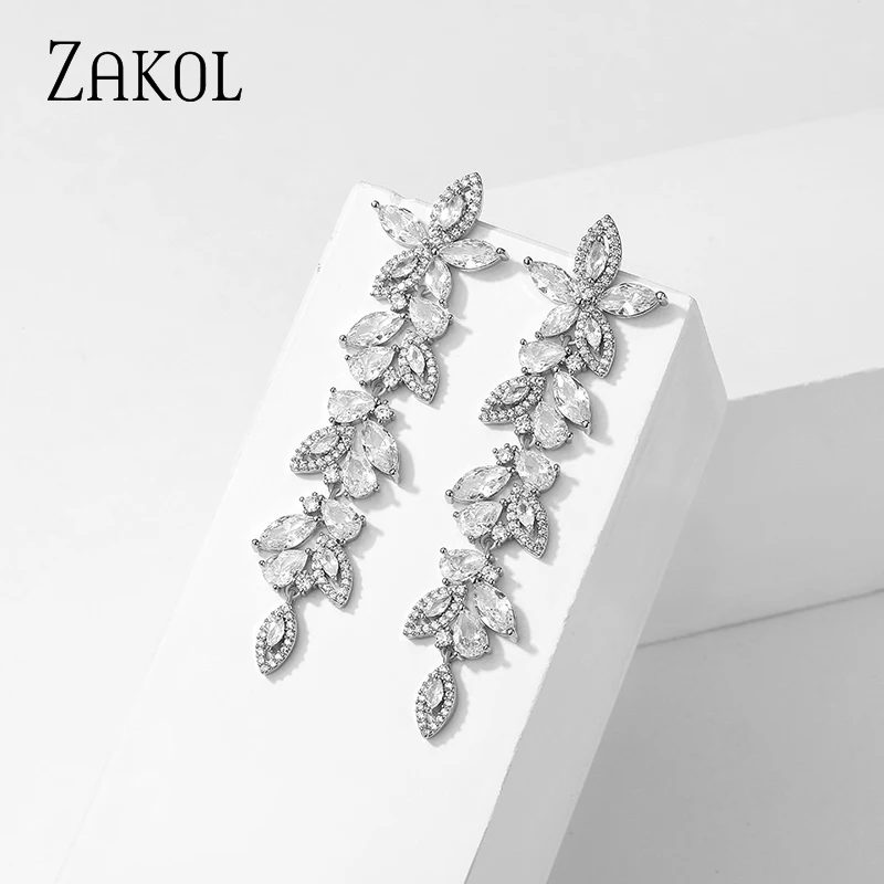 ZAKOL Luxury Flower Cubic Zirconia Long Dangle Earrings for Women Marquise Cluster Leaf Drop Earring Bridal Wedding Jewelry