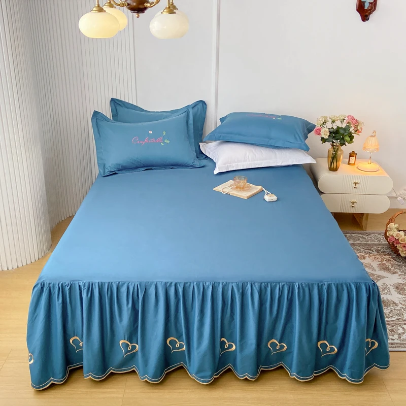 

100% Cotton Bed Skirt Embroidered Bed Cover Solid Color Bedspread Skin-friendly Mattress Protector 침대스커트(No Pillowcase)