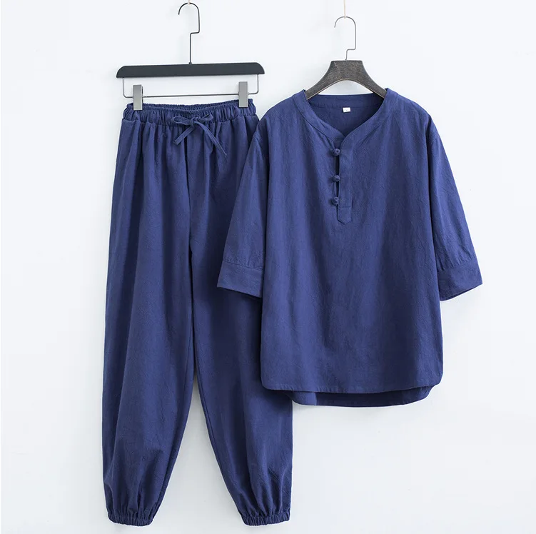 Baumwoll-Leinen-Kleidungsset im Zen-Stil für Männer und Frauen, lässig, bequem, atmungsaktiv, Sommermode, traditionell chinesisch – Detail 14