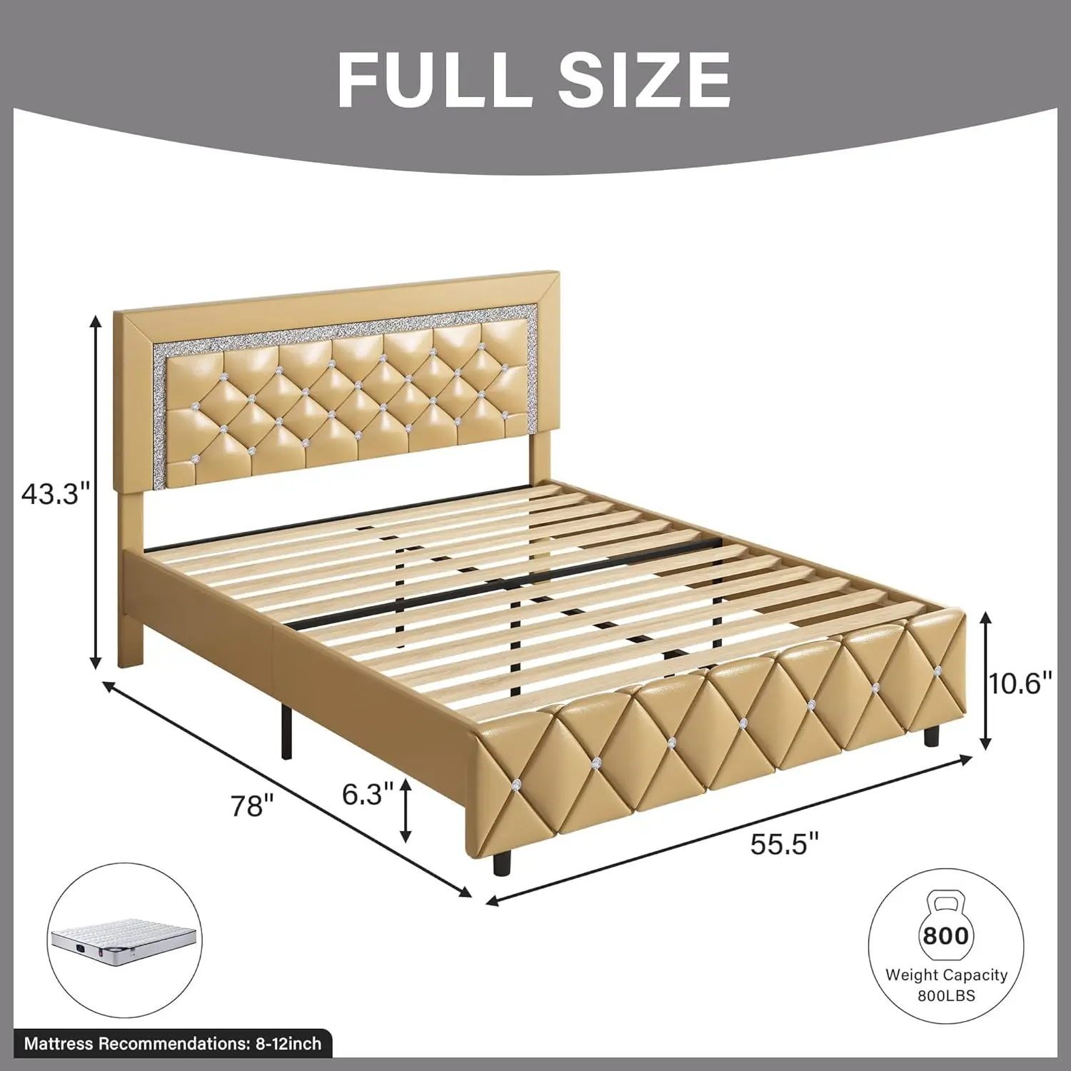 Full Size Bed Frame with Button Tufted Headboard, Upholstered Platform Bed with Crystal Design, Leather Bed Frame for Kids