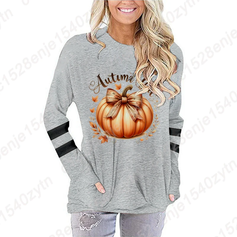 

Ladies Long Sleeve Oversized T Shirts Pumpkin Bow Autumn Girl Print Sweatshirts Loose Casual Crewneck Tops Soft Pocket Pullovers