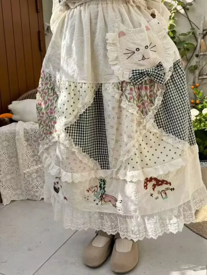 

Spring Summer Women Vintage Cottagecore Lace Embroidery Patchwork Long Skirt Retro Chic Mori Girl Sweet Lolita Midi Skirt