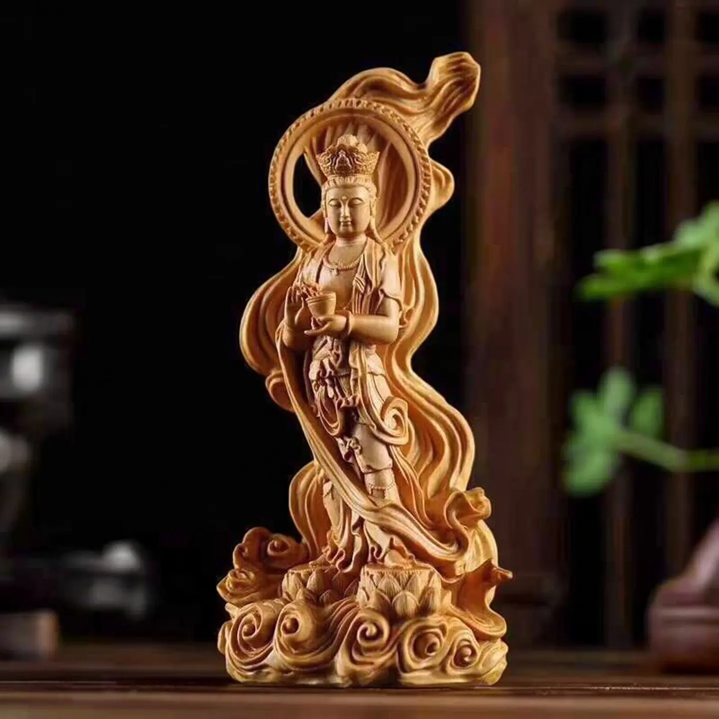 Cliff cypress wood carve crossing the sea Guanyin Bodhisattva Buddha statue offering home Feng Shui auspicious decoration craft