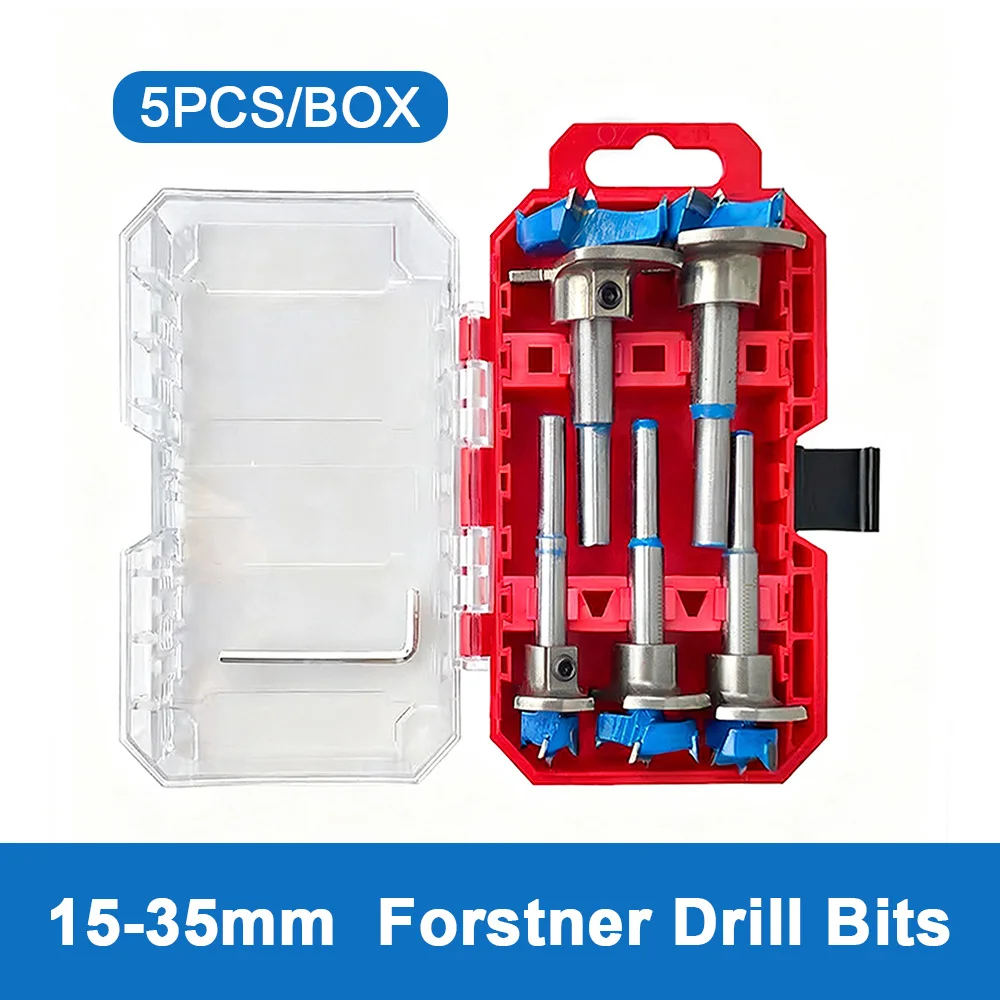 

5Pcs Positioning Wood Drill Bit Set, 15-35mm Adjustable Hinge Drill Bit, for hinge drilling on wood, doors, windows and cabinets