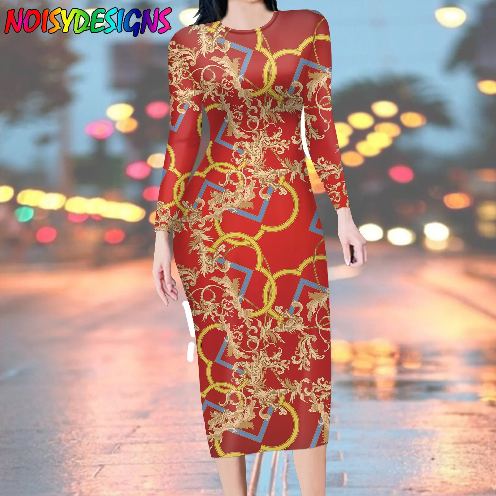 NOISYDESIGNS Ladies Fashion Long Sleeve Dress Women Elegant Round Collar European Pattern Luxury Red Dress Vestidos De Mujer