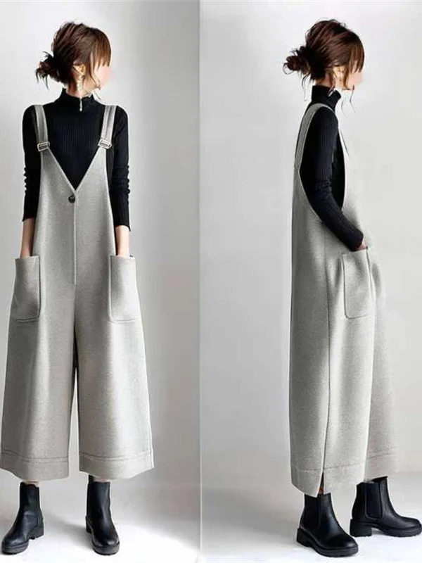 Loose High Waist ey Lazy Sle Japanese Iuenced Women's Overalls with kets Nine-Tenths Strap Pants Autumn Winter