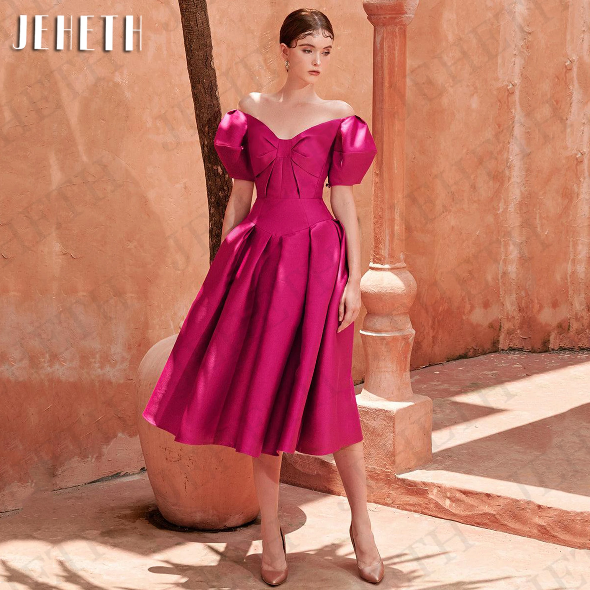 

JEHETH Fuchsia Tea Length Prom Dresses A Line Off The Shoulder Birthday Party Dress Women 2024 V Neck Plus Size vestido de festa