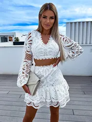 Sexy Hollow Out White Lace Patchwork Skirts Two Piece Set Women Solid Slim Cropped Top A-line Short Skirt 2 Piece Sets Female