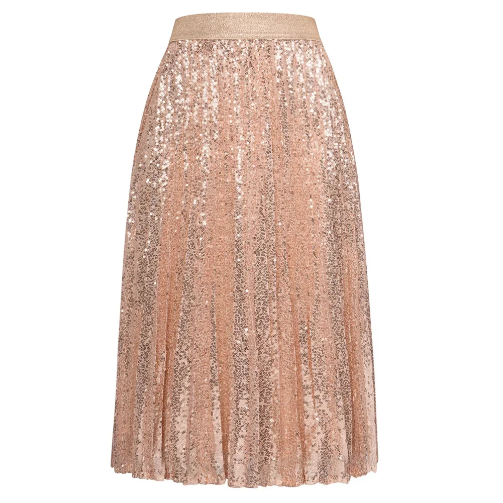 Elastic Waist Pleated Swing Skirt with Sparkling Sequins for Women Sequined Party Skirt Black/Silver/Rose Gold/Dark Gold/Teal