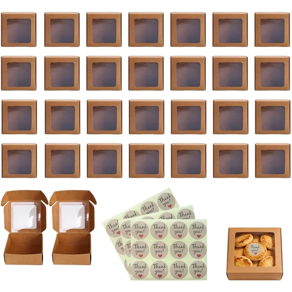Paper Cardboard Candy Box 95x95x35mm Recycled Material Window Gifts Wrap Party Dessert Favor Kit With Stickers