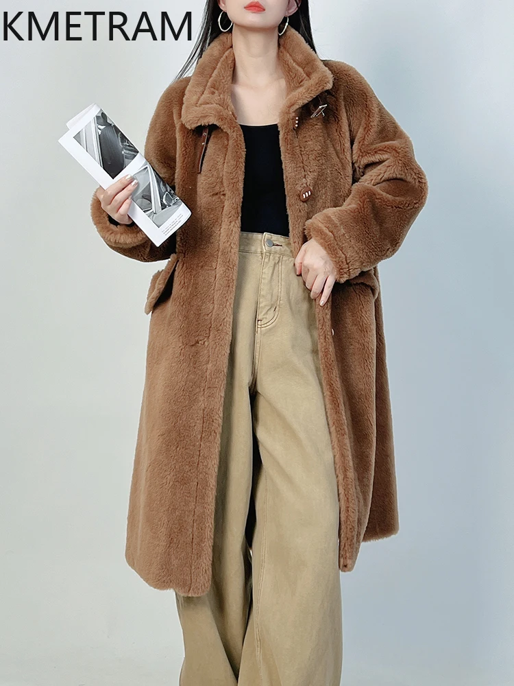 KMETRAM 100% Wool Coats for Woman High Quality Stand Collar Long Coat Winter Clothes Warm Furry Jacket 2025 пальто женское