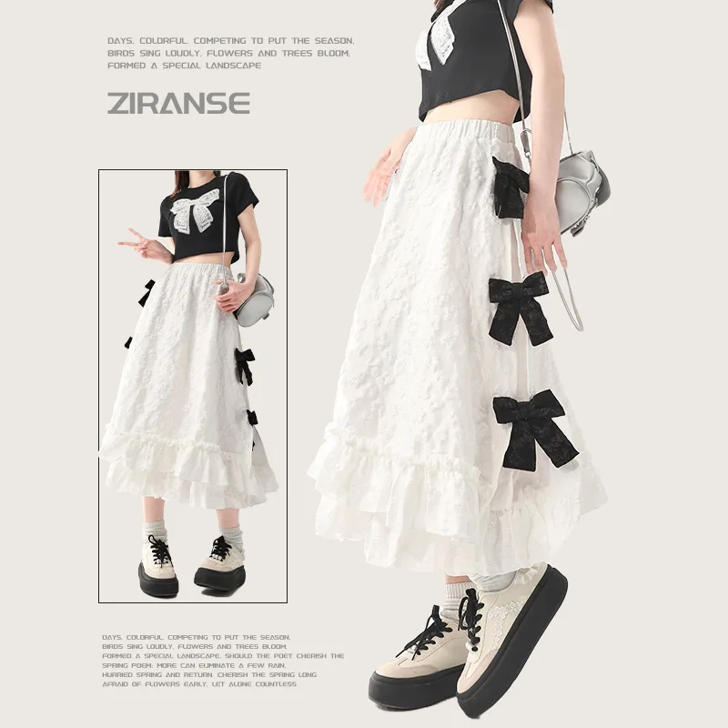 White Bow Half Skirt For Women 2024 New Summer Elastic Waist Fairy Skirt With Ruffle Edge Skirt