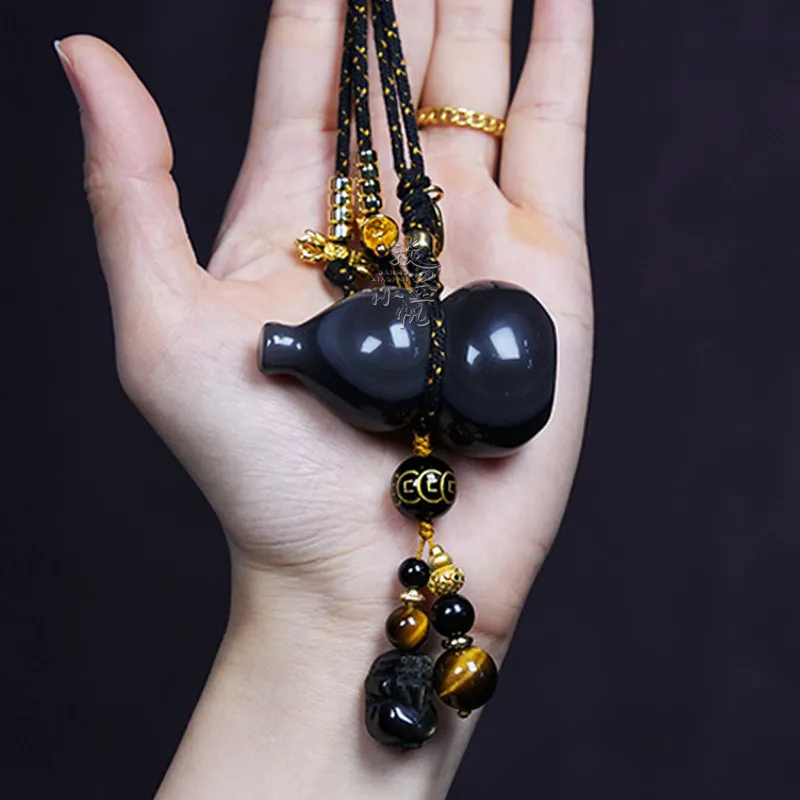 Chinese Style Natural Obsidian Gourd Car Hanging Ornament Black Gold Lucky Peace Charm Short Pendant For Men Auto Interior Decor