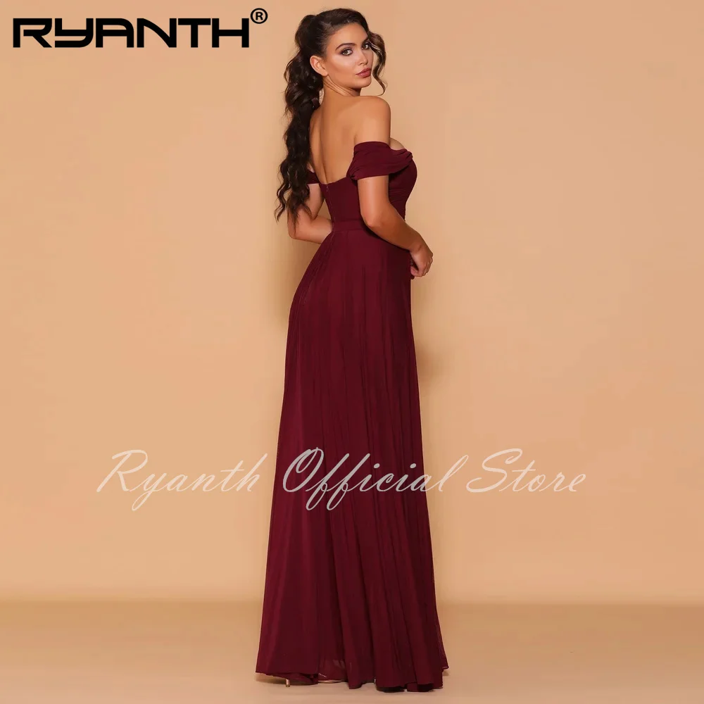 Ryanth New Off The Shoulder Bridesmaid Dresses Chffion Elegant Ruffles Evening Gowns Pleat A-Line Floor Length Vestidos De Noche