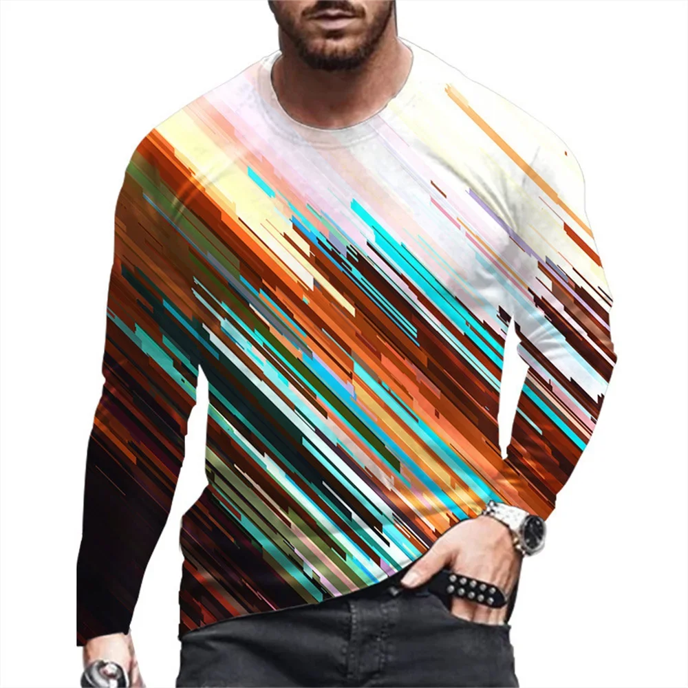 Summer Men's Simple 3D Printed Round Neck Trendy T-shirt Outdoor Hiking Casual Long-sleeved Tops Oversized Fashion Men Clothing