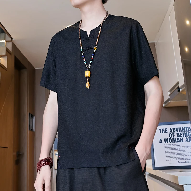 2026 Summer New Style Men's Short-Sleeved Linen T-Shirt with Round Neck and Loose Fit Shirt