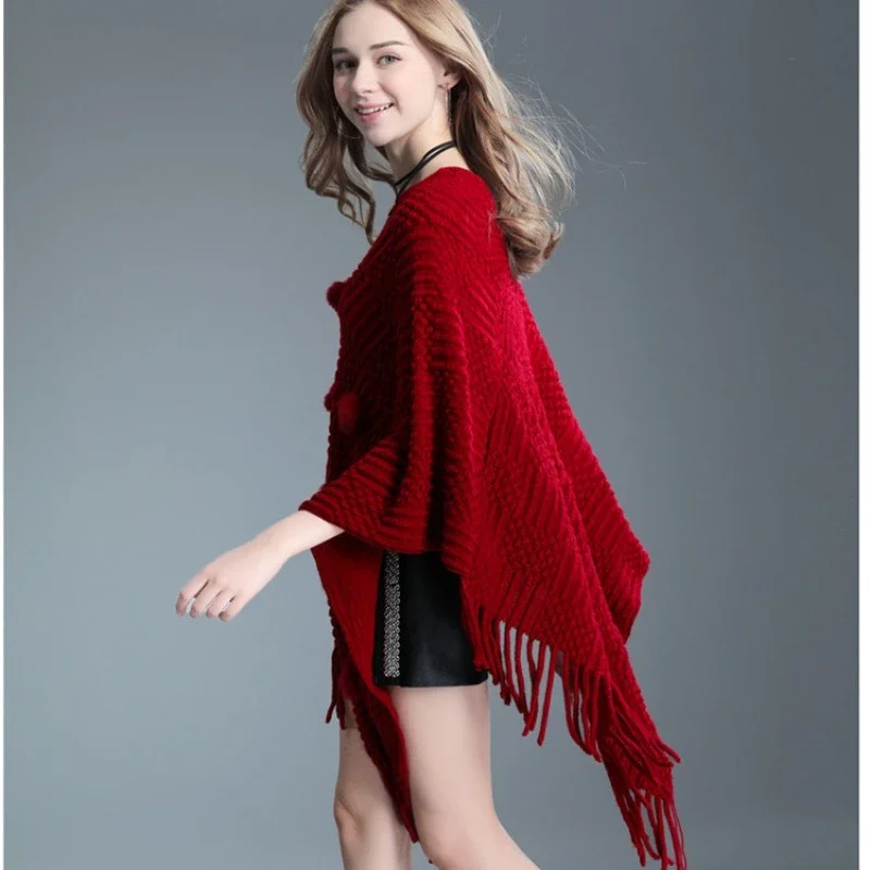 ALIDI European and American Autumn and Winter New Tassel Sweater Women's Wool Ball Cape Knitted Shawl Loose Pullover Sweater