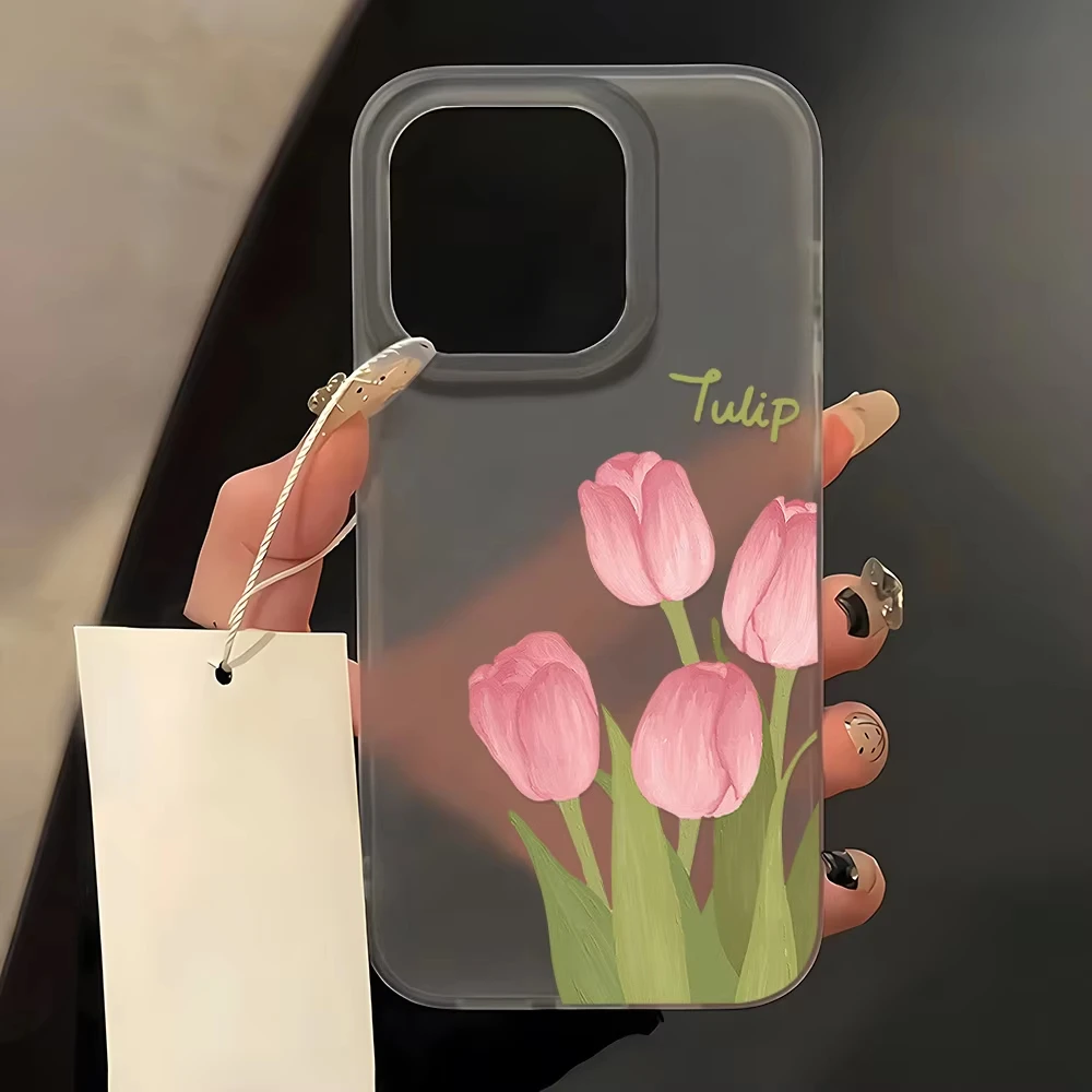 Funda de teléfono de silicona suave transparente mate para iPhone 11 15 13 12 Mini 16 14 13 Pro Max 15 Pro Tulip funda de silicona a prueba de golpes