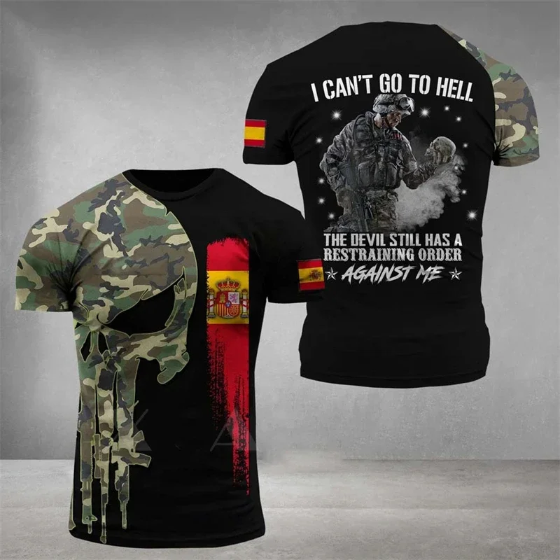 

Spanish ARMY Camouflage T Shirt Men VETERAN Tactics Tops 3D Espana Emblem Military Printed Soldiers Forest T-shirt Short Sleeve