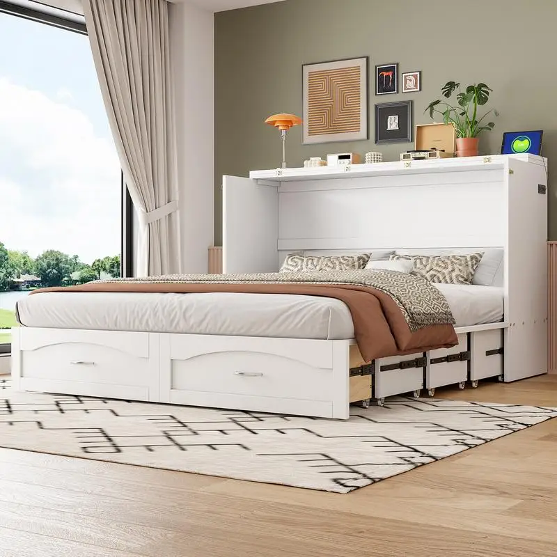 Queen Murphy Bed Wall Bed with Drawer & USB Ports, Pulley Design, White