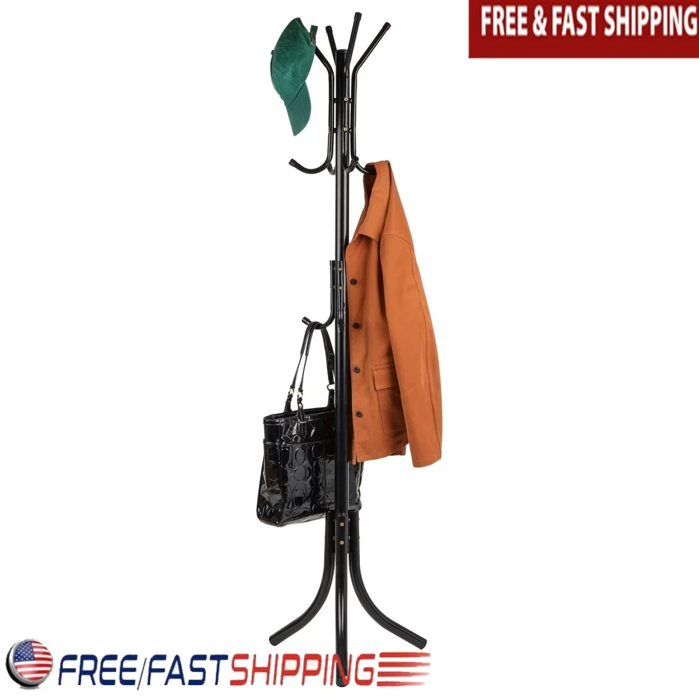 

Freestanding Metal Coat Rack Hall Tree 11 Hooks Storage Organizer Coats Hats Umbrellas Accessories Compact Space Saver